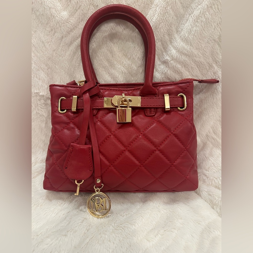 Badgley Mischka Red Quilted Satchel with Gold Lock Accents